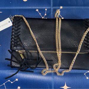 Black Leather Clutch with Gold Chain by